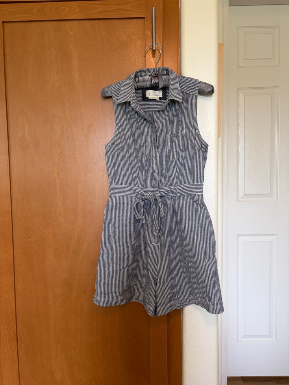 Anthropologie Striped Sleeveless Button Romper with Tie Waist - Size 0
